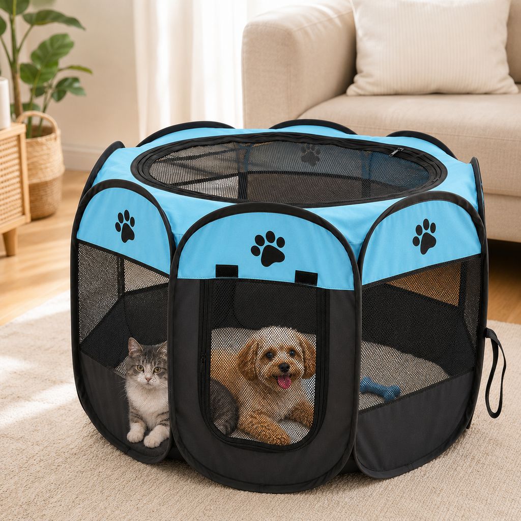 Portable Foldable Dog & Cat Playpen for Home, Travel & Camping - Breathable Space-Saving Pet Pen with Carry Bag