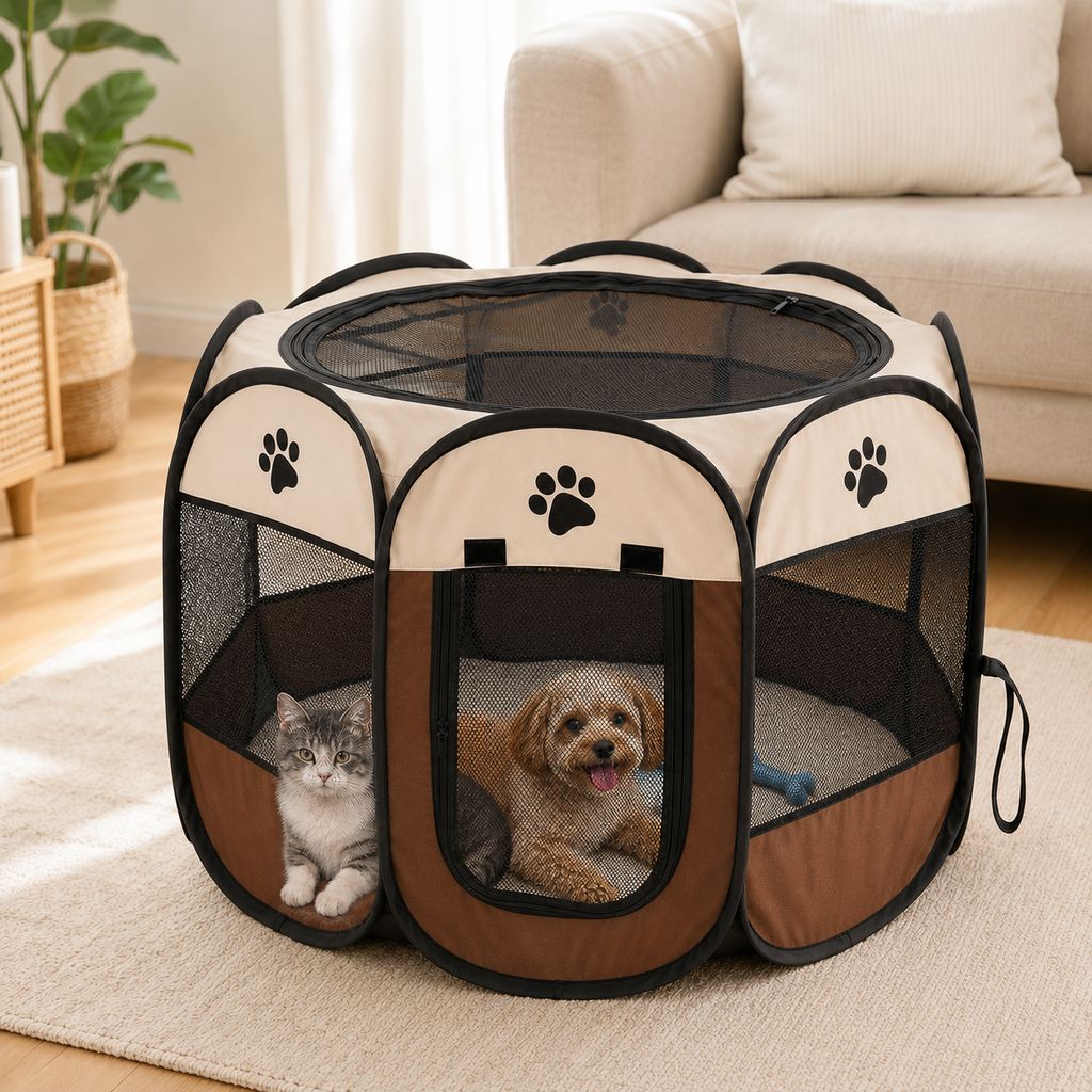 Portable Foldable Dog & Cat Playpen for Home, Travel & Camping - Breathable Space-Saving Pet Pen with Carry Bag