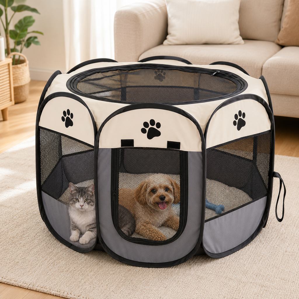 Portable Foldable Dog & Cat Playpen for Home, Travel & Camping - Breathable Space-Saving Pet Pen with Carry Bag