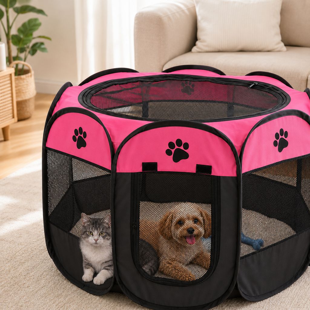Portable Foldable Dog & Cat Playpen for Home, Travel & Camping - Breathable Space-Saving Pet Pen with Carry Bag