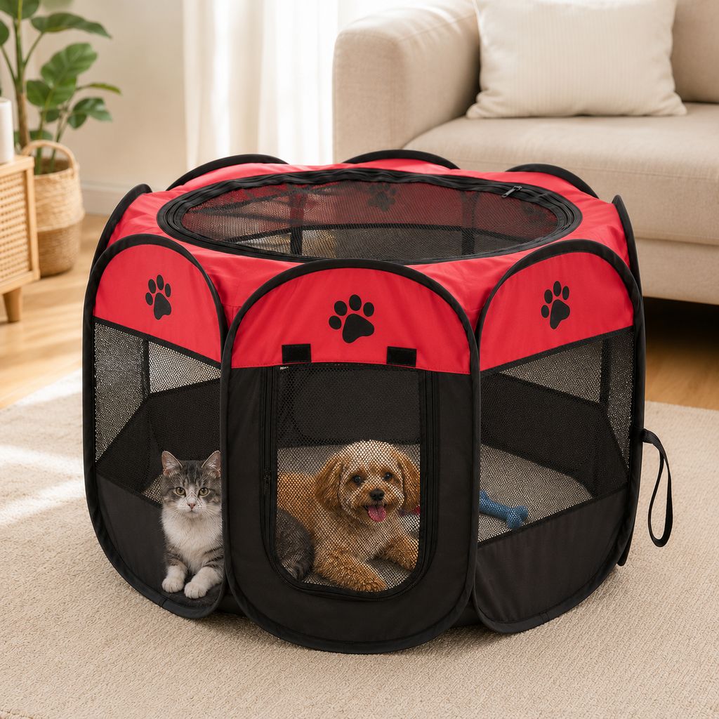 Portable Foldable Dog & Cat Playpen for Home, Travel & Camping - Breathable Space-Saving Pet Pen with Carry Bag