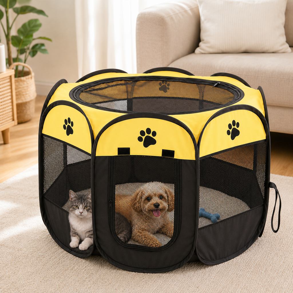 Portable Foldable Dog & Cat Playpen for Home, Travel & Camping - Breathable Space-Saving Pet Pen with Carry Bag