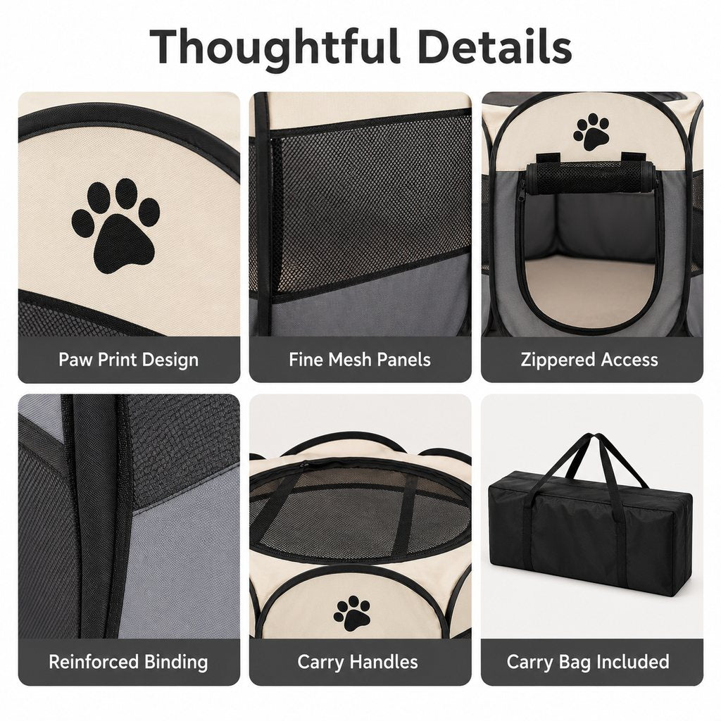 Portable Foldable Dog & Cat Playpen for Home, Travel & Camping - Breathable Space-Saving Pet Pen with Carry Bag