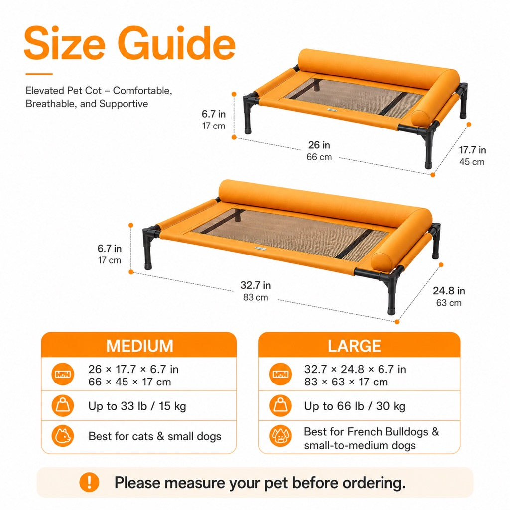 French Bulldog Elevated Dog Cot for All-Season Indoor Naps - Breathable Raised Pet Bed with Soft Bolsters for Cooler Rest & Easy Cleaning