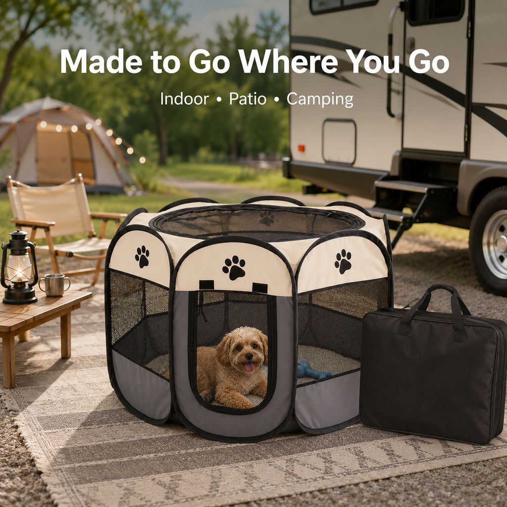 Portable Foldable Dog & Cat Playpen for Home, Travel & Camping - Breathable Space-Saving Pet Pen with Carry Bag