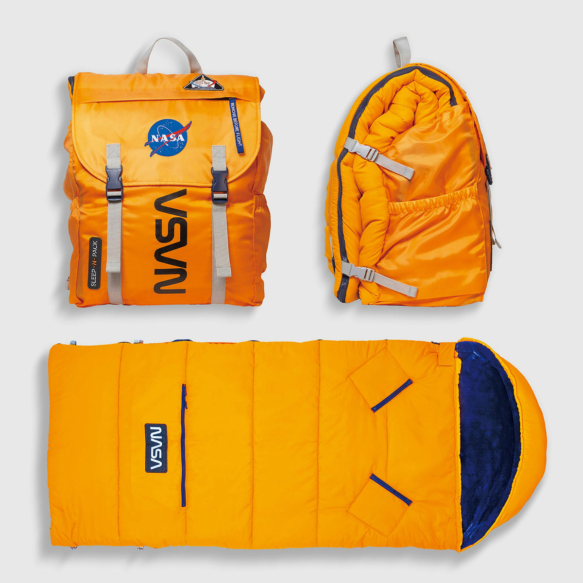 Sleep-N-Pack™ – Big Kid Size | NASA Official Logo & Patches | 2-in-1 Backpack & Sleeping Bag with Cozy Fleece Liner - ORANGE