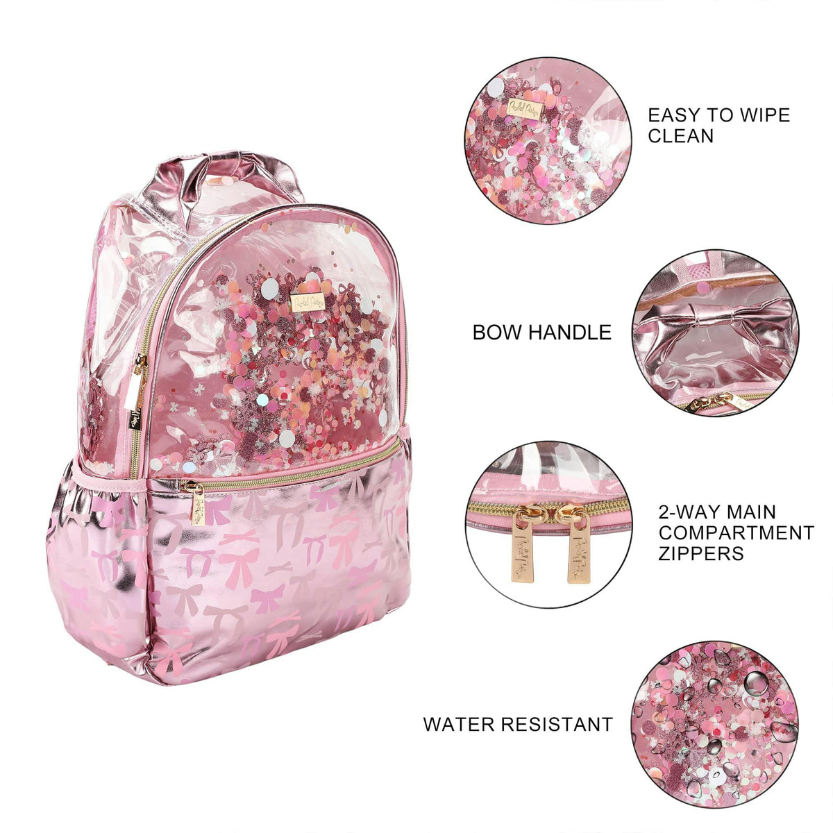 Pink Bow Confetti Clear Backpack by Packed Party | 17" Cute Backpack for Adults