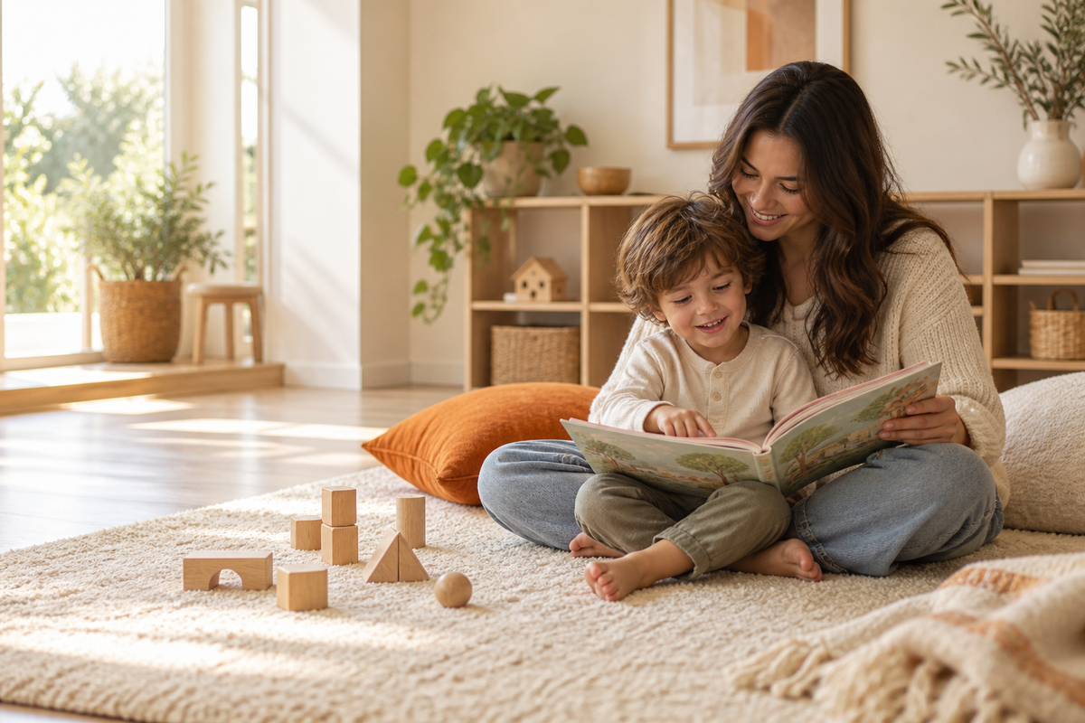 Playroom inspiration: a parent and child enjoying a picture book together