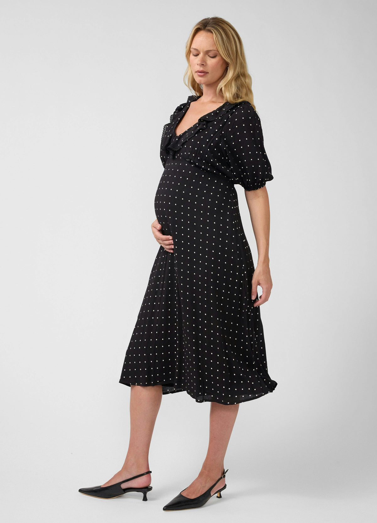 Polka Dot V-Neck Ruffle Maternity Midi Dress