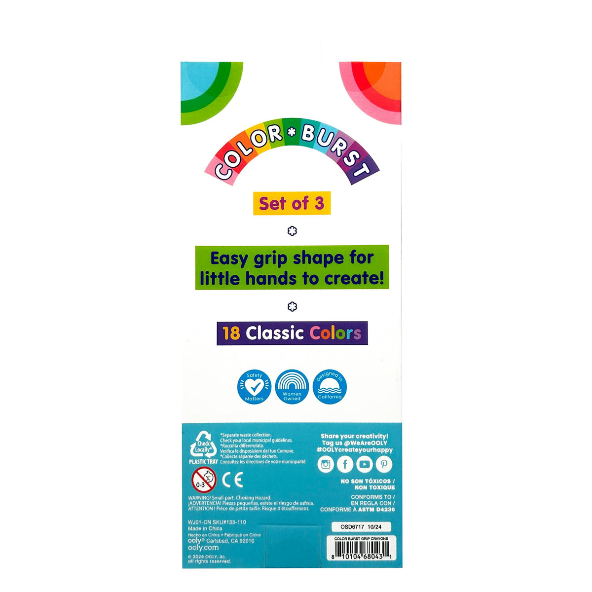 Color Burst Crayons - Easy Grip - 18 Colors - Set of 3