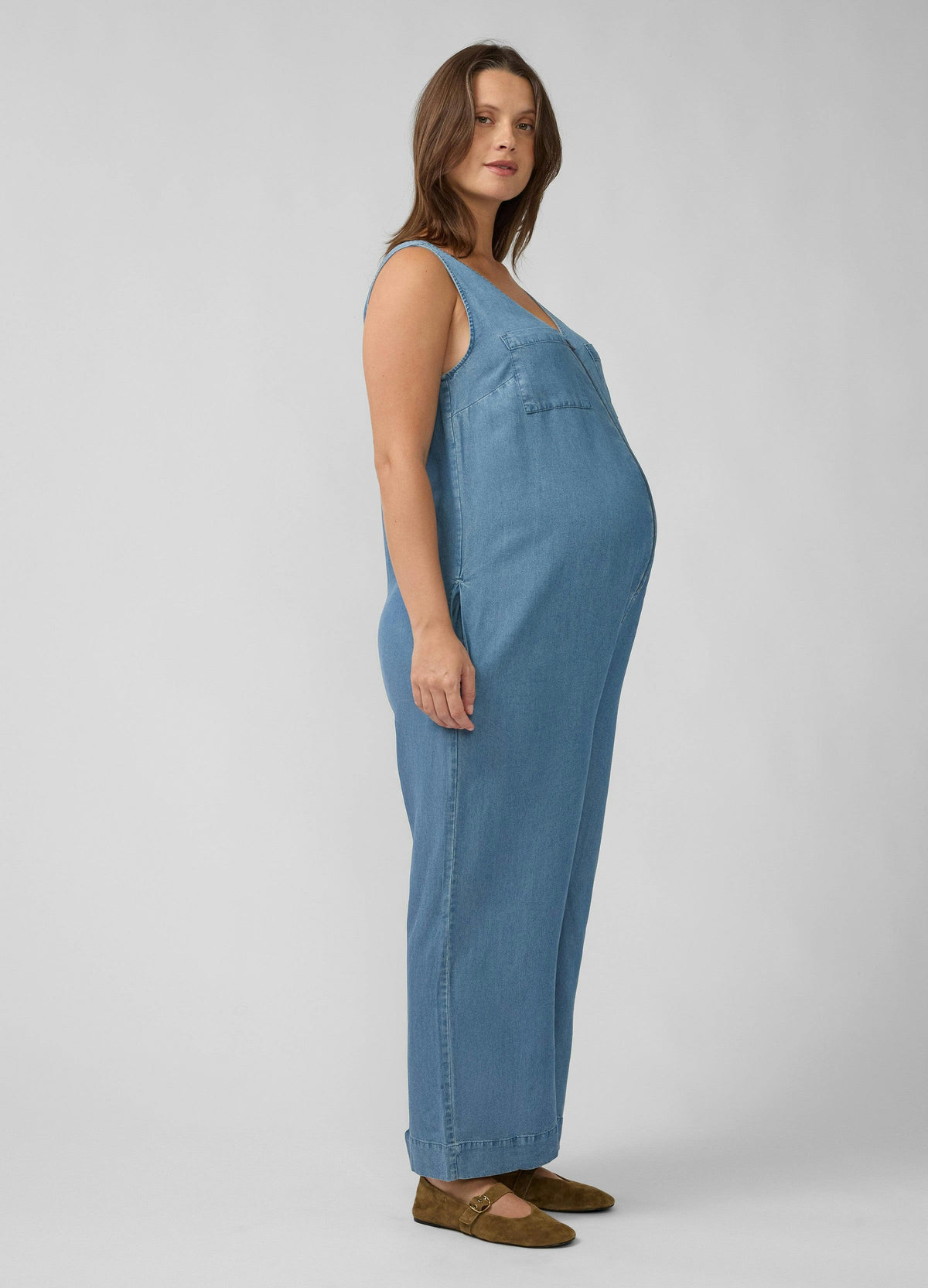 Wide Leg Zip Front Chambray Maternity and Nursing Jumpsuit